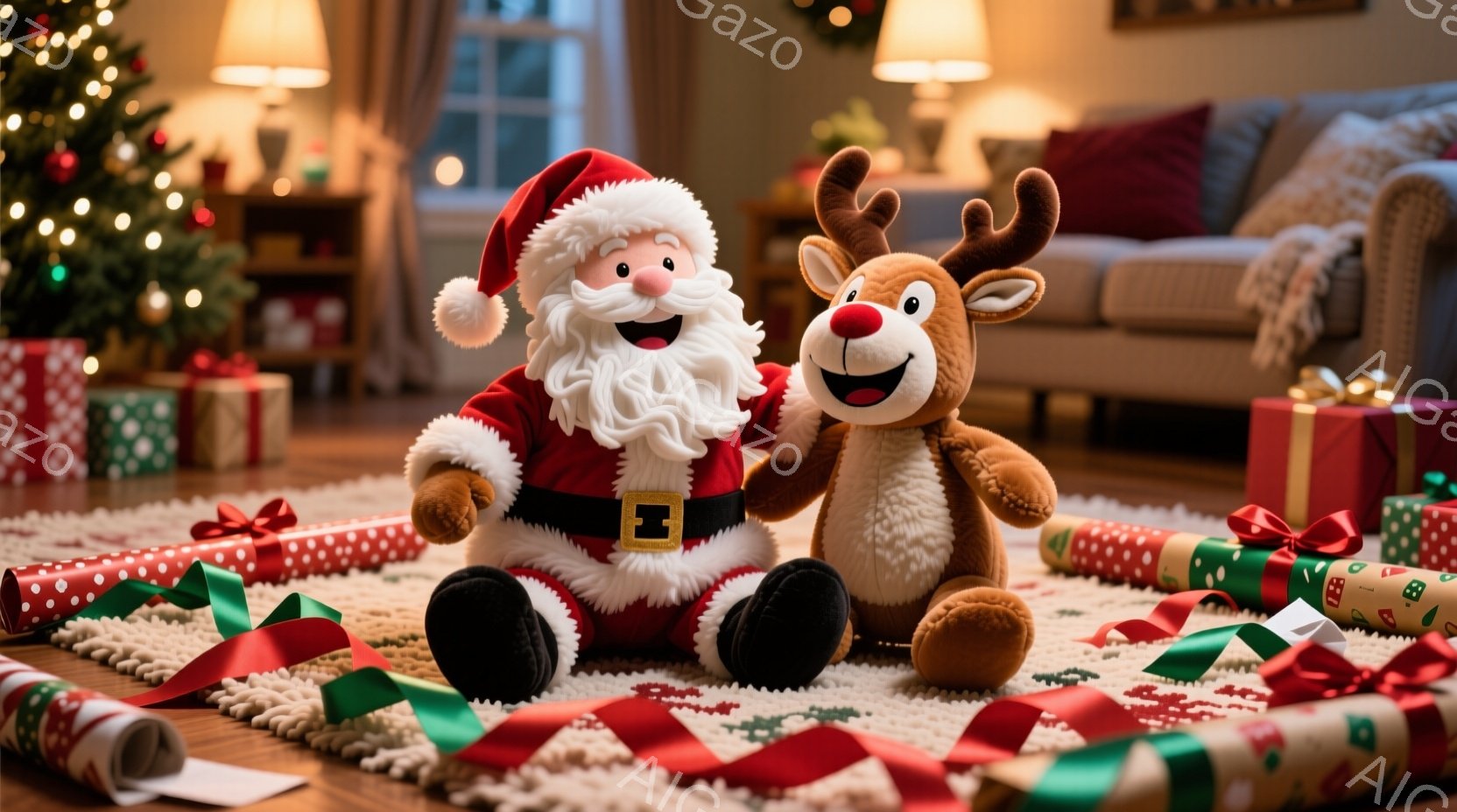 暖炉のあるリビングルームの床に、サンタクロースとトナカイのぬいぐるみ2体が寄り添って座っています。サンタクロースは赤い衣装に白い髭を生やし、トナカイは茶色い毛並みに大きな角を持っています。背景にはクリ - AI生成フリー素材