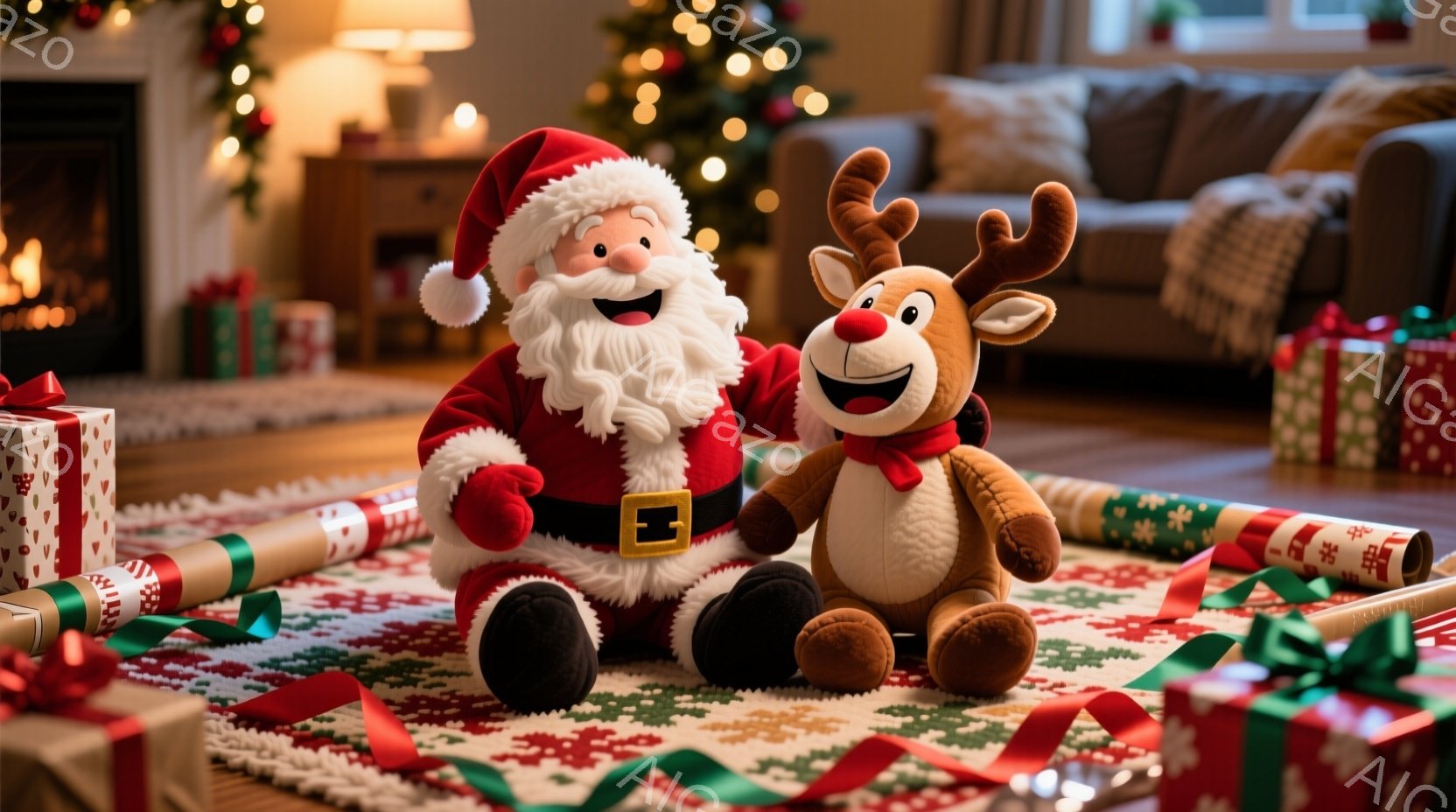 暖炉のあるリビングの床に、サンタクロースとトナカイの大きなぬいぐるみたちが座っています。サンタクロースは赤い衣装と白いひげ、陽気な表情をしており、トナカイは茶色の毛並みと赤い鼻、楽しげな笑顔を見せてい - AI生成フリー素材