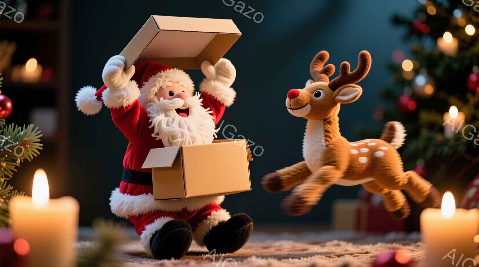 サンタクロースは赤い衣装と白い髭を蓄え、黒いブーツを履いています。彼は両手を上げて開いた段ボール箱を持っており、嬉しそうな表情をしています。背景には、ぼやけたクリスマスツリーやろうそくが配置され、暖か - AI生成フリー素材