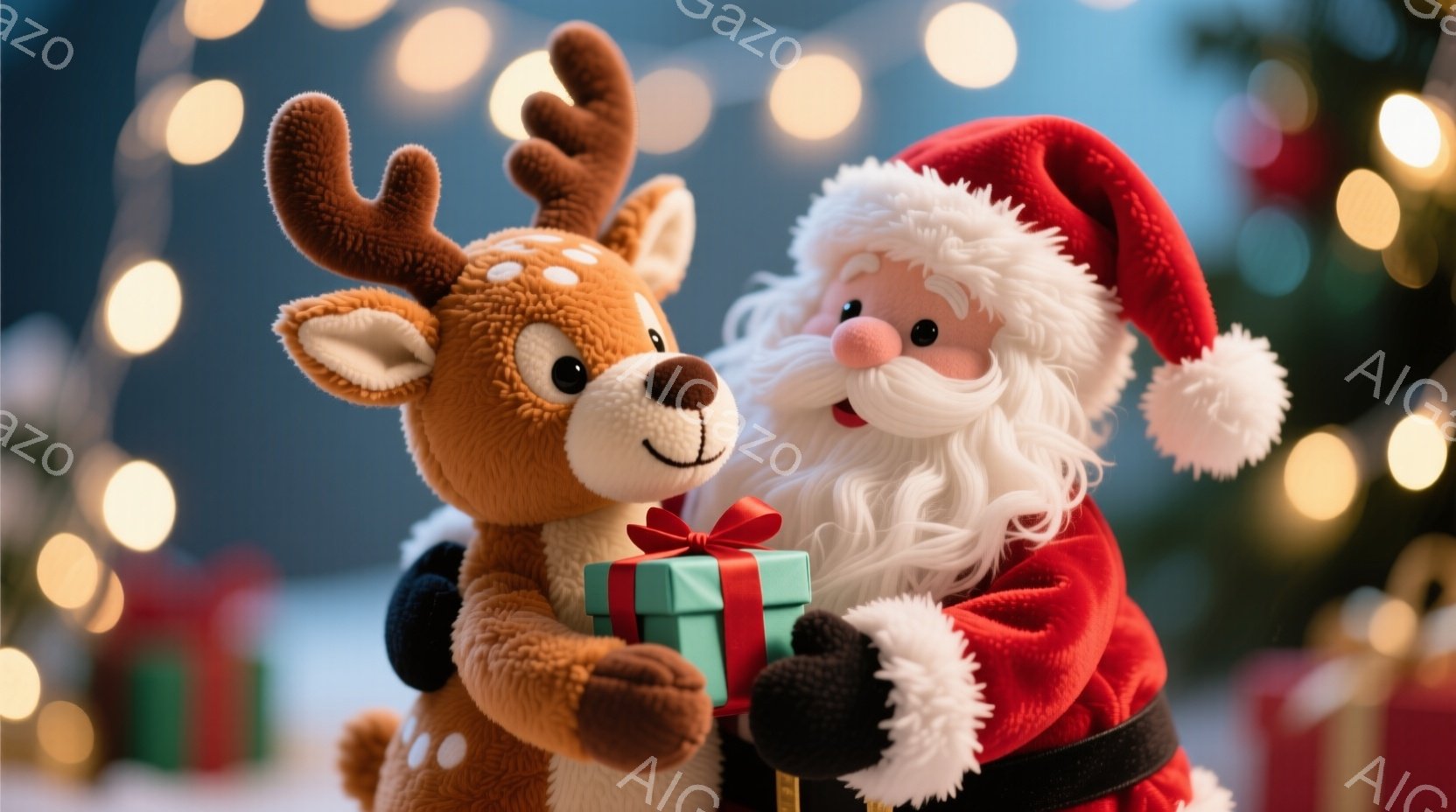ぬいぐるみのようなトナカイとサンタクロースが寄り添い、緑色のリボンで結ばれたプレゼントをサンタが持っています。サンタは白いひげと赤い衣装を着て微笑んでおり、トナカイは暖かく、愛らしい表情をしています。背景にはぼやけたクリスマスツリーと、温かみのある光が散りばめられた幻想的な雰囲気が広がっています。