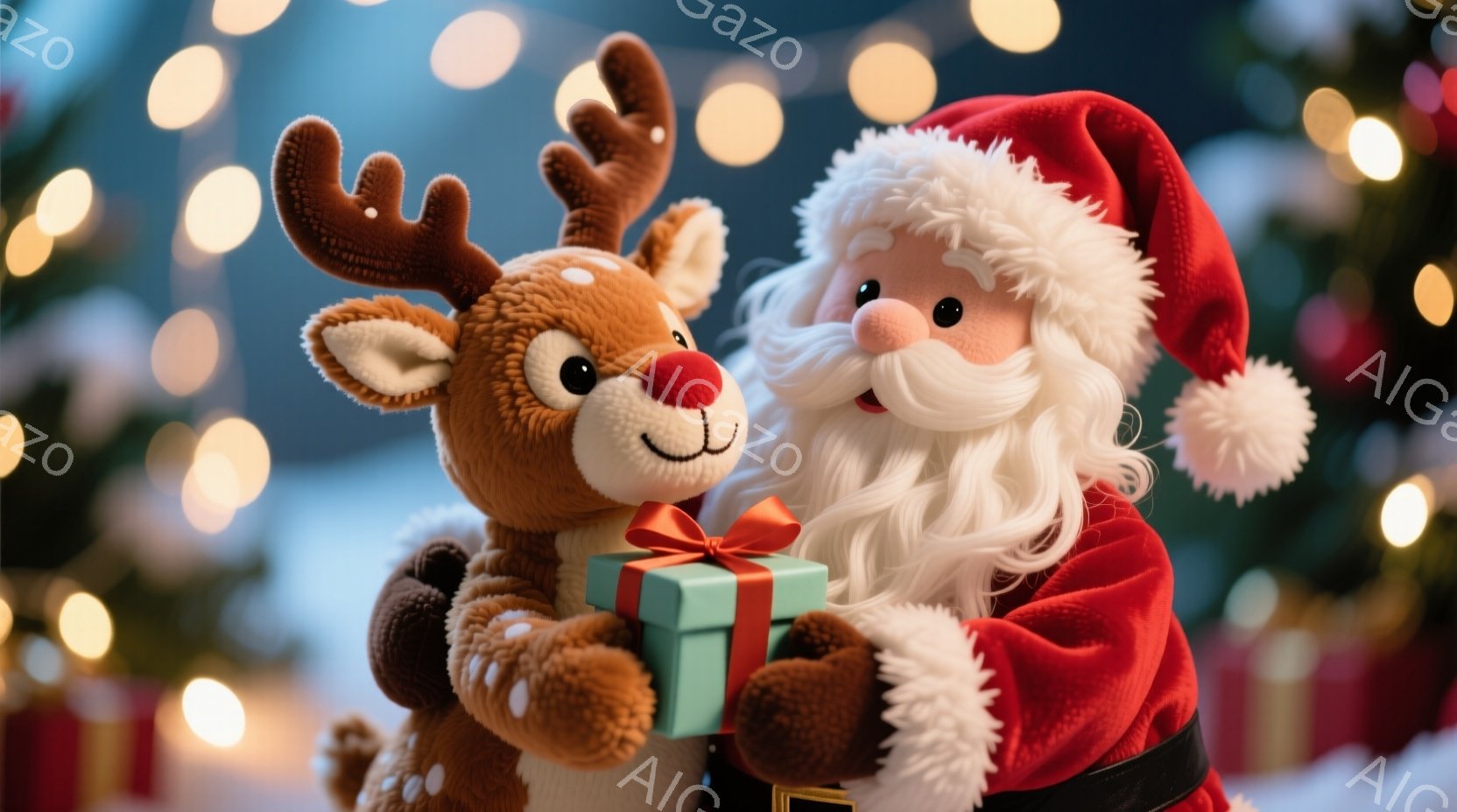 毛むくじゃらのトナカイのぬいぐるみをサンタクロースが抱きしめています。サンタクロースは赤い衣装と白いひげ、白いフリル付き帽子をかぶり、笑顔でトナカイを見つめています。背景にはぼやけたクリスマスツリーの - AI生成フリー素材