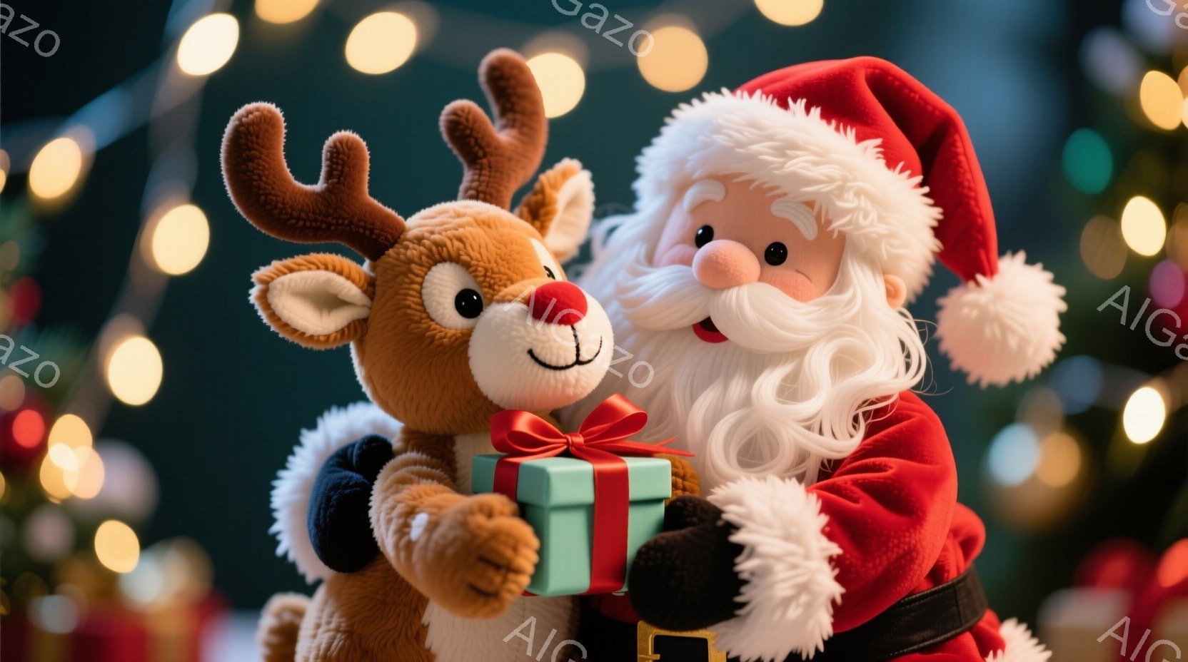 サンタクロースは赤い衣装を着て、白いひげを生やしています。彼は茶色のトナカイのぬいぐるみと抱き合い、青いリボンで結ばれた緑色のプレゼントを手に持っています。背景にはぼやけたクリスマスツリーのライトがあ - AI生成フリー素材