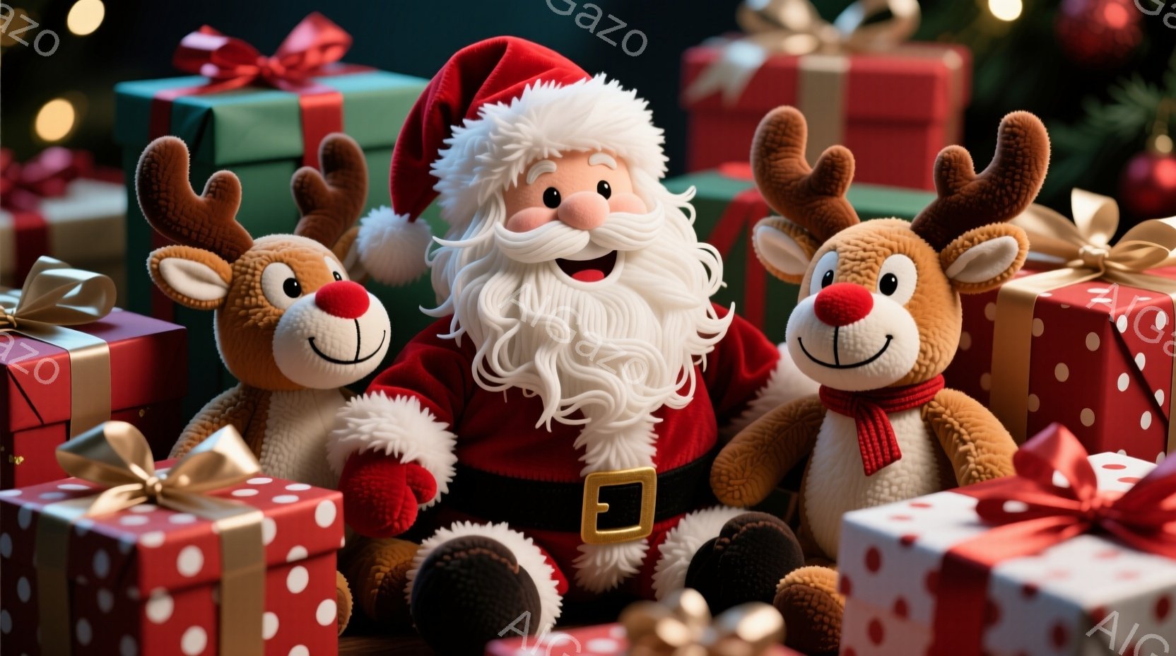 サンタクロースが、ふわふわのトナカイのぬいぐるみ2匹に挟まれて座っています。サンタは赤い衣装に白いひげと髪、そして陽気な笑顔を浮かべており、トナカイたちは愛らしい表情をしています。背景には、赤や緑のラ - AI生成フリー素材