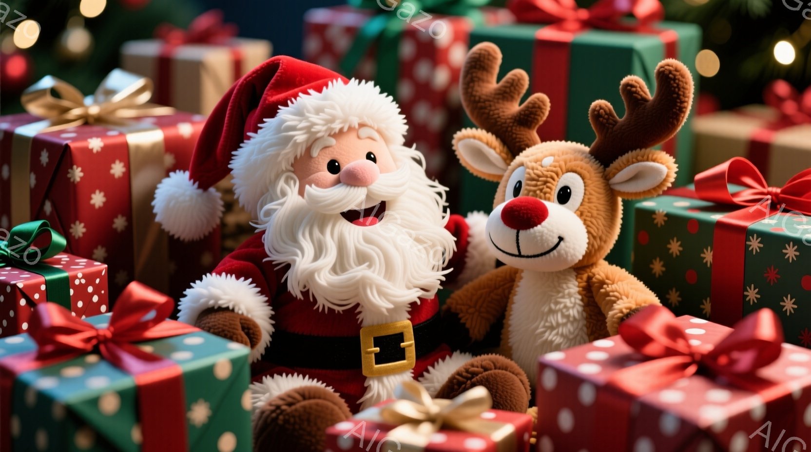 サンタクロースの人形とトナカイの人形が、赤と緑のリボンで飾られたギフトボックスに囲まれています。サンタクロースは赤い衣装を身につけ、白いひげと笑顔で、トナカイの人形と寄り添っています。背景はぼやけたク - AI生成フリー素材