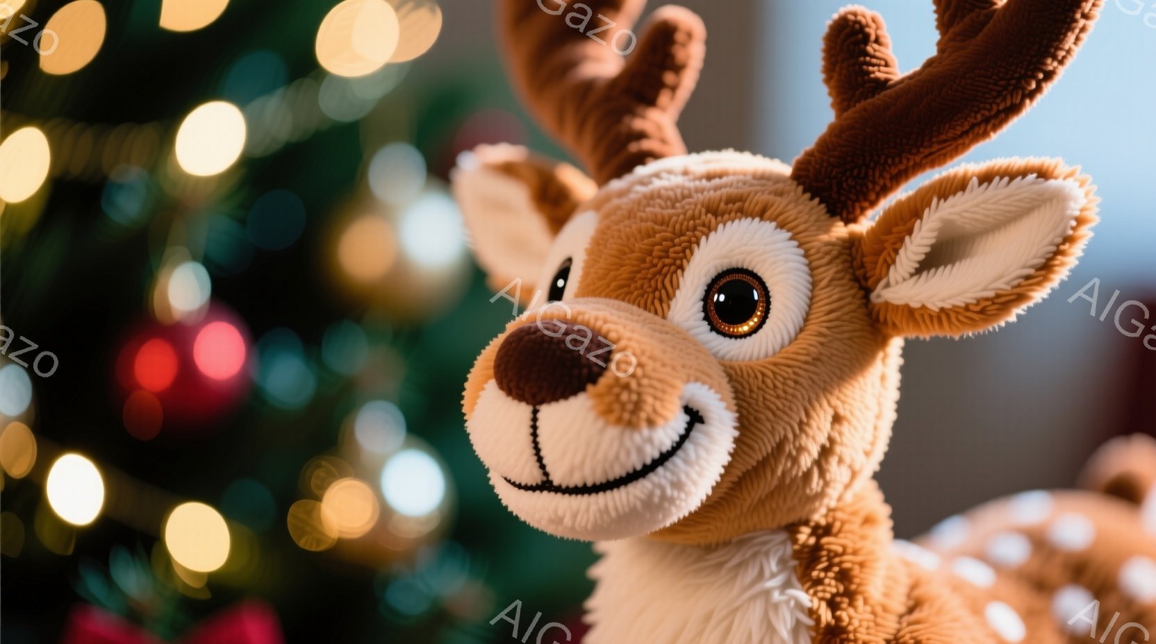 柔らかい茶色の毛並みを持つ、愛らしいトナカイのぬいぐるみです。大きな瞳と優しい笑顔が印象的で、背景にはぼやけたクリスマスツリーのイルミネーションが見えます。暖かく、親しみやすい雰囲気が漂う、冬の季節にぴったりの写真です。
