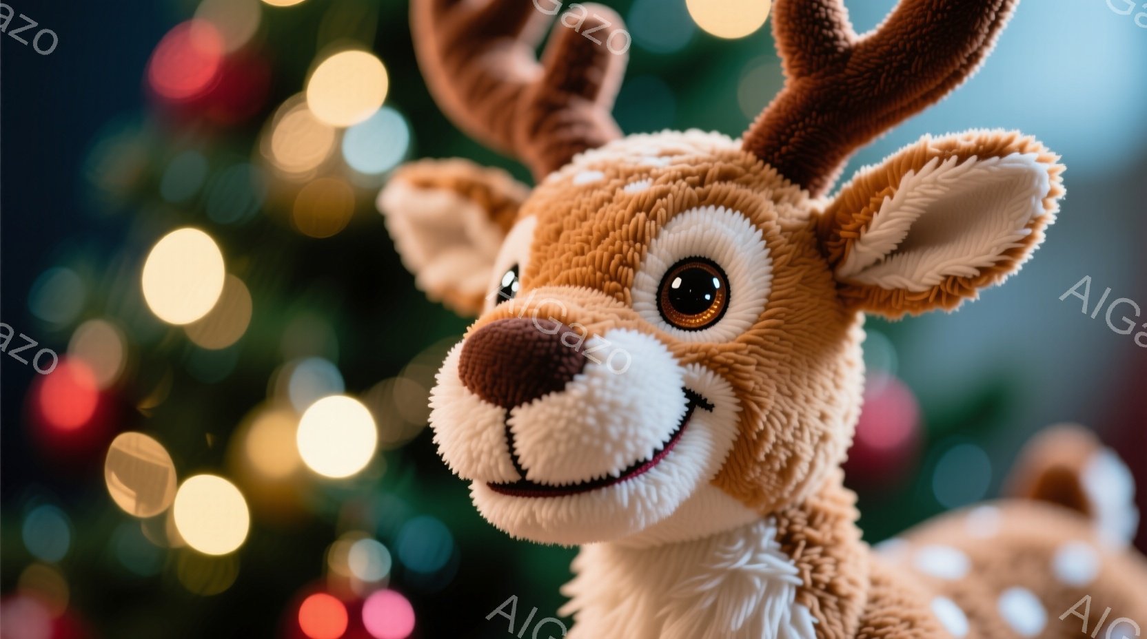 これは愛らしいトナカイのぬいぐるみです。茶色のモコモコとした毛並みで、大きな茶色の瞳と、微笑みを浮かべた口元が特徴的です。背景にはぼやけたカラフルな光が散りばめられており、温かく幻想的な雰囲気を醸し出しています。