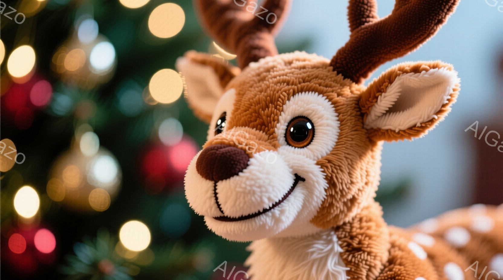 柔らかい茶色の毛並みの鹿のぬいぐるみのお顔がアップで写っています。黒い目を持ち、鼻は茶色、口元は微笑んでいます。背景にはぼやけた緑色のクリスマスツリーと、暖色系の光が散りばめられており、温かく可愛らしい雰囲気が漂っています。