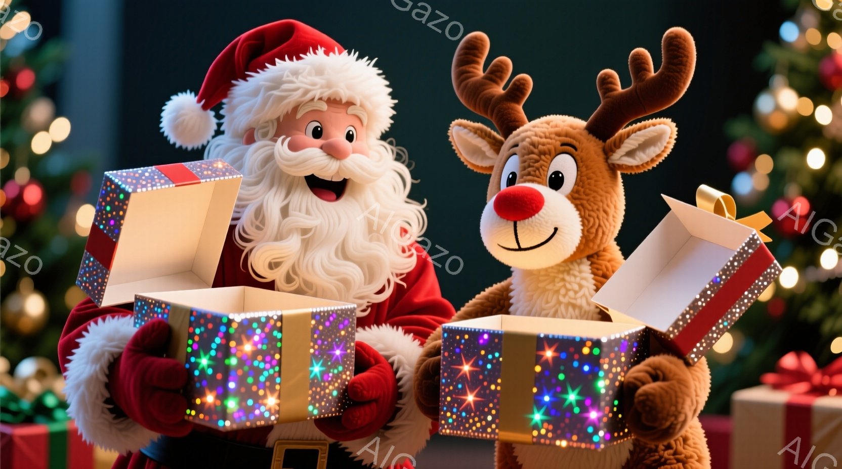 サンタクロースとトナカイのぬいぐるみが、それぞれ光るギフトボックスを持っています。サンタクロースは赤い衣装を着て、白いひげと笑顔を見せ、トナカイは茶色い毛並みで可愛らしい表情をしています。背景にはクリ - AI生成フリー素材