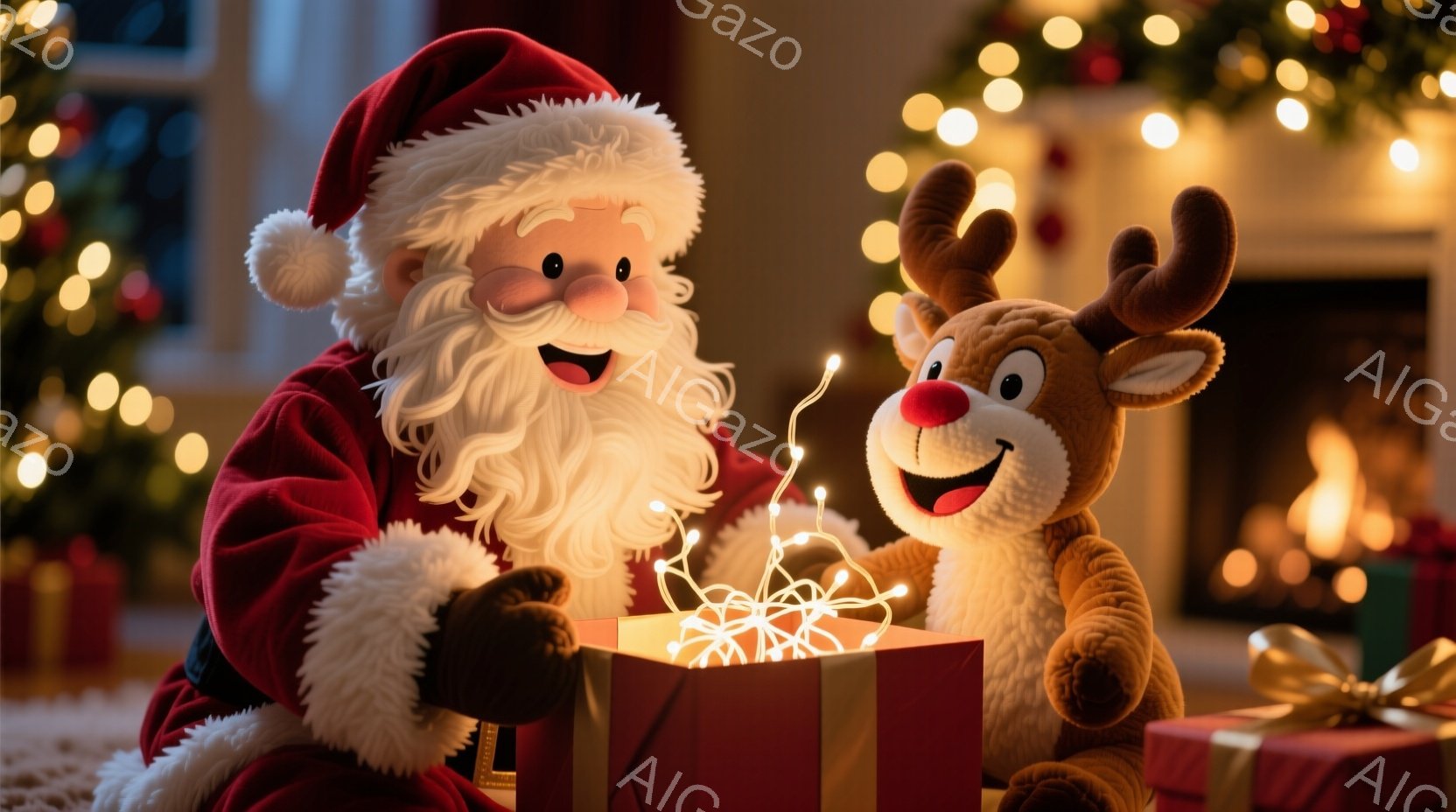 サンタクロースは赤い衣装を着て、白いひげを生やしています。彼は膝の上に赤いリボンが付いた箱を置き、中から光る電飾を取り出しています。背景にはクリスマスツリーがぼんやりと見え、暖炉の火が暖かく、居心地の - AI生成フリー素材