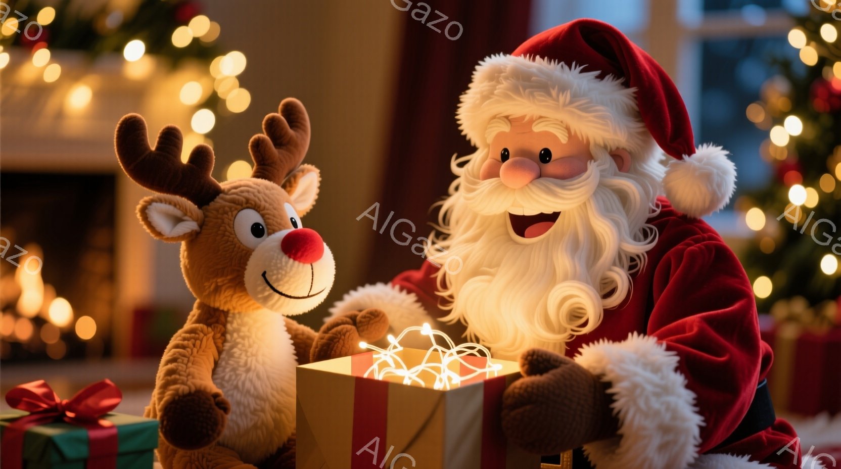 サンタクロースは赤い帽子と白いひげを蓄え、赤い衣装を着ています。彼は金色の箱から光る飾りを取り出し、喜んでいるような表情をしています。背景にはクリスマスツリーやプレゼント、そして暖炉が見え、温かく、お祝いムードに満ちた雰囲気です。
