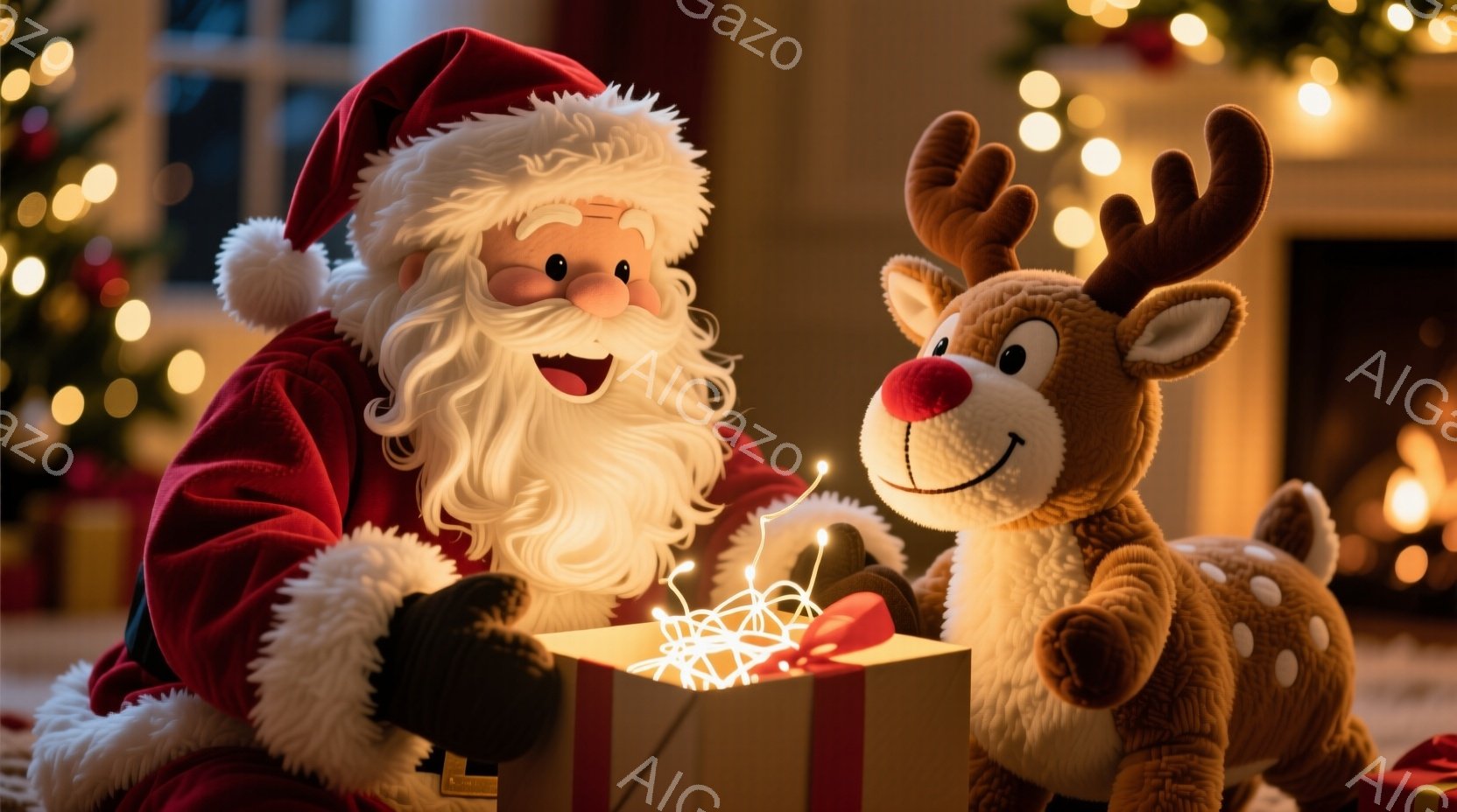 サンタクロースが赤いベルベットの衣装を身に着け、白いひげを生やし、楽しそうな笑顔を浮かべています。彼は金色のリボンで結ばれた大きな箱から光る紐を取り出しており、隣には愛らしいトナカイのぬいぐるみが座っています。背景にはぼやけたクリスマスツリーの明かりと暖炉が見え、全体的に温かく、お祝いムードに満ちた雰囲気です。