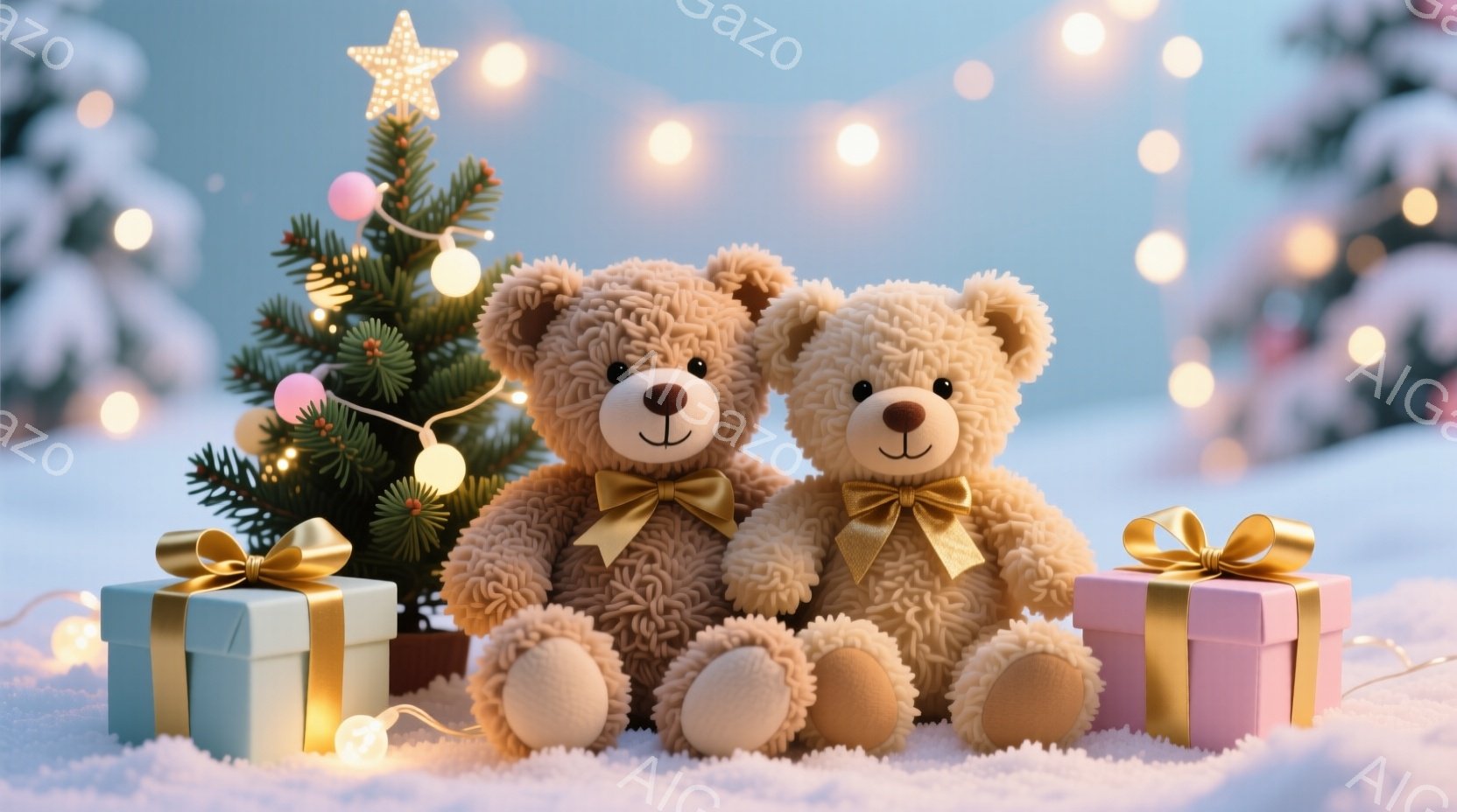 ふわふわの茶色のテディベアが2匹、雪の上に座って寄り添っています。それぞれのクマの首には明るい金色のリボンが結ばれており、足元には水色とピンクのギフトボックスが置かれています。背景にはクリスマスツリー - AI生成フリー素材