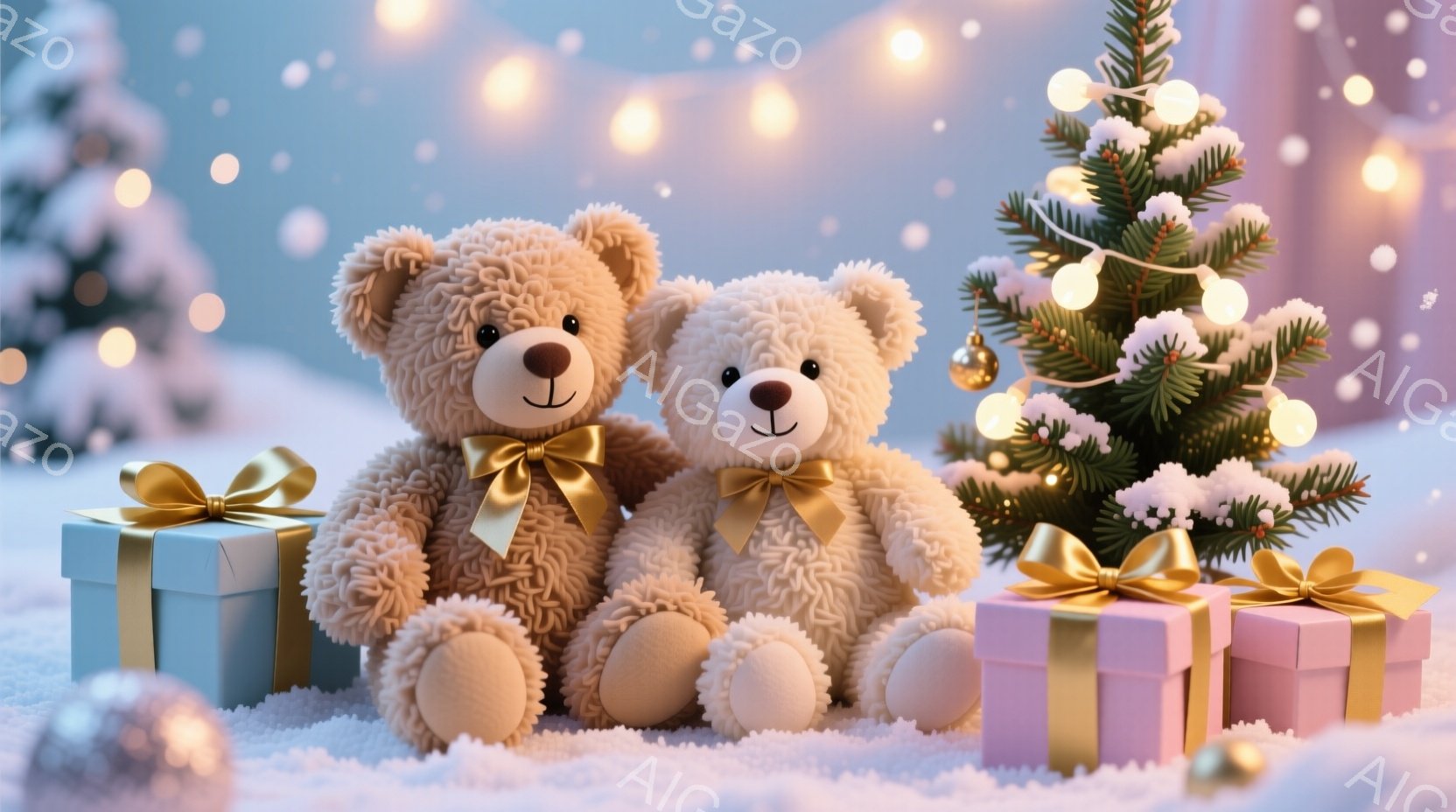 ふわふわの茶色のテディベアが2匹、雪の上に座っており、それぞれ青とピンクのプレゼントボックスが隣に置かれています。彼らは金色のリボンで飾られた可愛らしい表情をしており、背景には雪の積もった木々とぼんや - AI生成フリー素材