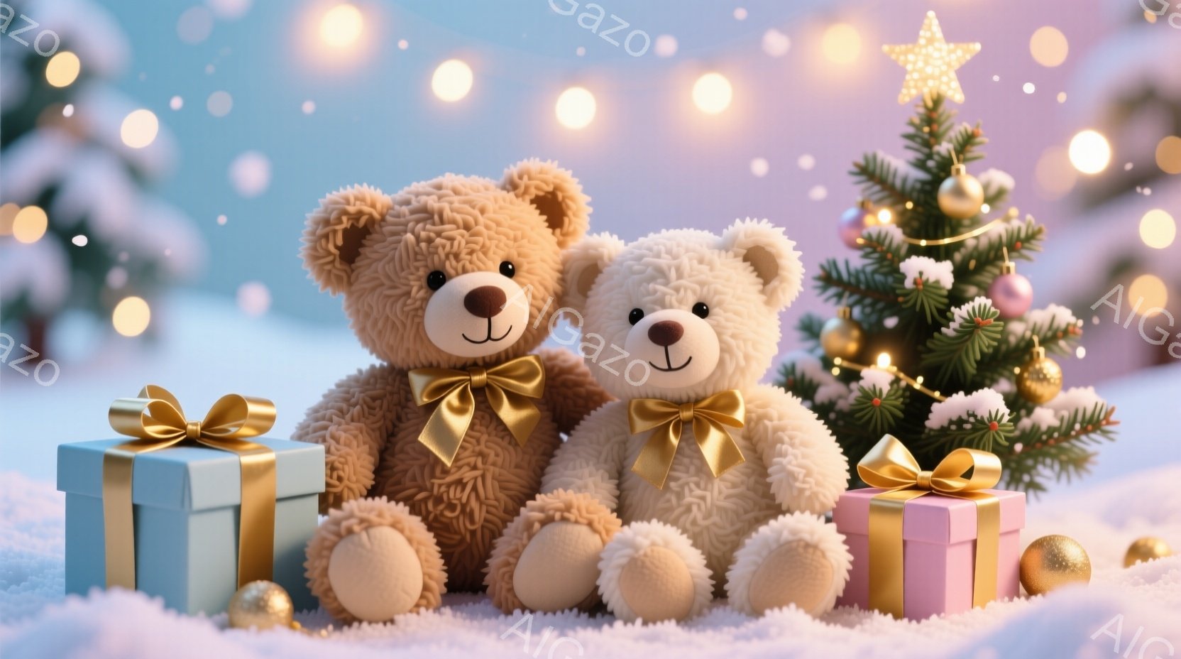 ふわふわの茶色のテディベアが2匹、雪の上に座ってプレゼントの箱を見守っています。それぞれの箱は水色とピンクで、金色のリボンで飾られています。背景には、キラキラと輝く光と、小さなクリスマスツリーが描かれ - AI生成フリー素材