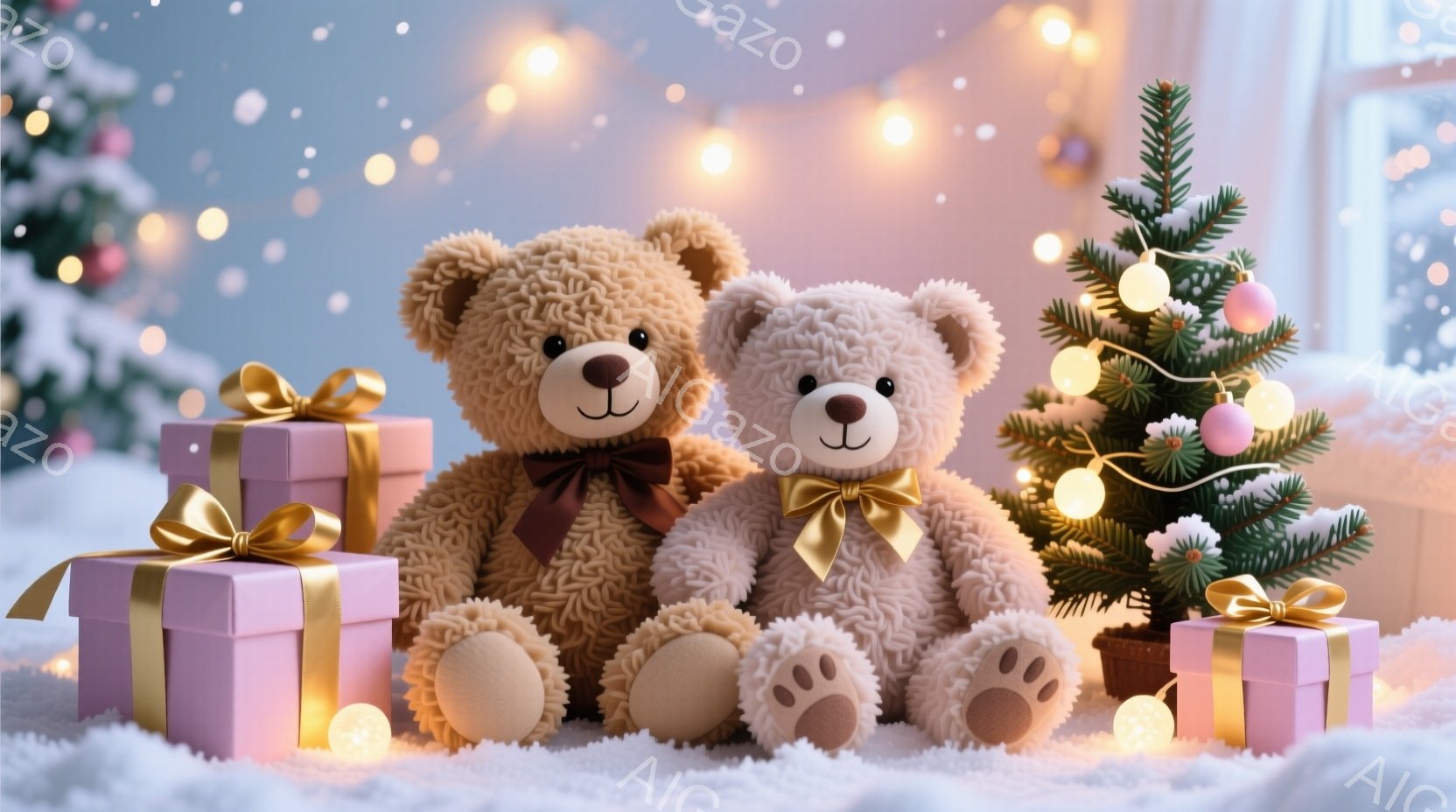 ふわふわのテディベアが2匹、ピンクのリボンで飾られたプレゼントの箱の横に座っています。背景には、輝く電飾で飾られた小さなクリスマスツリーがあり、雪が舞う暖かい雰囲気を作り出しています。全体的に、可愛ら - AI生成フリー素材