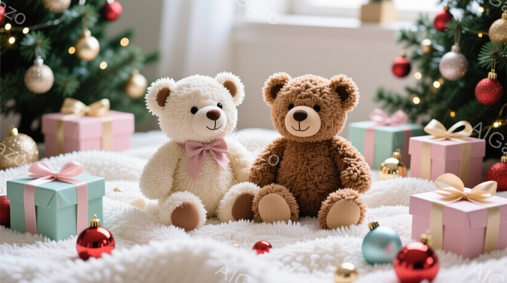 ふわふわの白いラグの上に、可愛らしいクマのぬいぐるみ２匹が座っています。片方のクマは白い毛並みでピンクのリボンを首に巻いており、もう片方のクマは茶色のモコモコの毛並みで、それぞれ足元には、ピンクと水色 - AI生成フリー素材