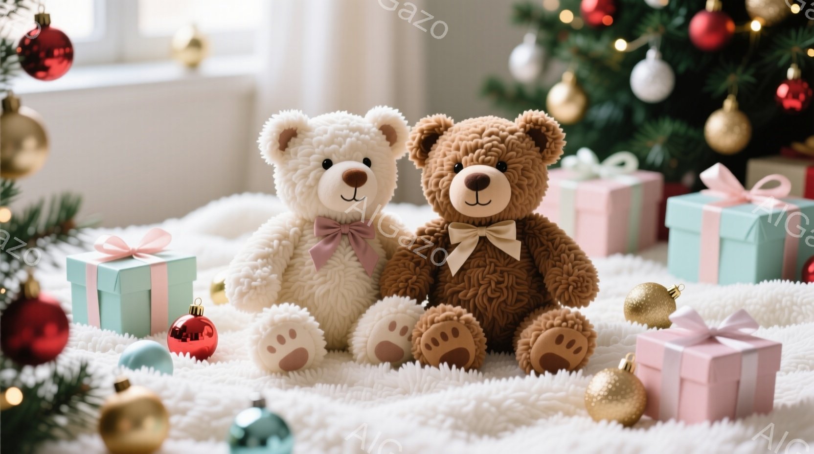 ふわふわの白いクマと茶色のクマが寄り添って座っており、それぞれ首に紫とベージュのリボンをつけています。周囲にはピンクと水色のリボンで結ばれたギフトボックスや、赤や金色のクリスマスオーナメントが散りばめ - AI生成フリー素材