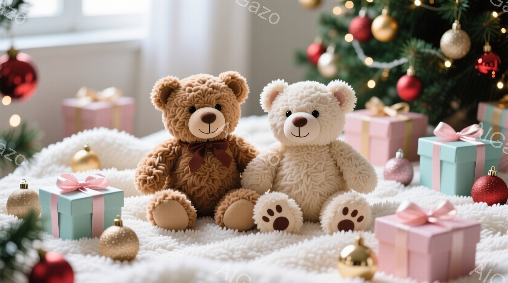 ふわふわのテディベアが2匹、白い毛布の上に座っており、それぞれ足の裏が見えています。周りにはリボンのかかったプレゼントボックスや、クリスマスツリーの飾りなどが散りばめられています。背景にはぼやけたクリ - AI生成フリー素材
