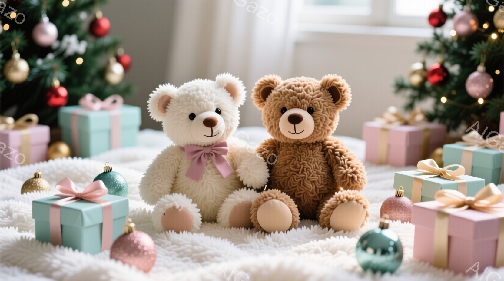 白と茶色のテディベアが、ピンクと水色のリボンで飾られたプレゼントボックスに囲まれて寄り添って座っています。背景には、オーナメントで飾られたクリスマスツリーがあり、白い毛布の上に置かれています。全体的に - AI生成フリー素材