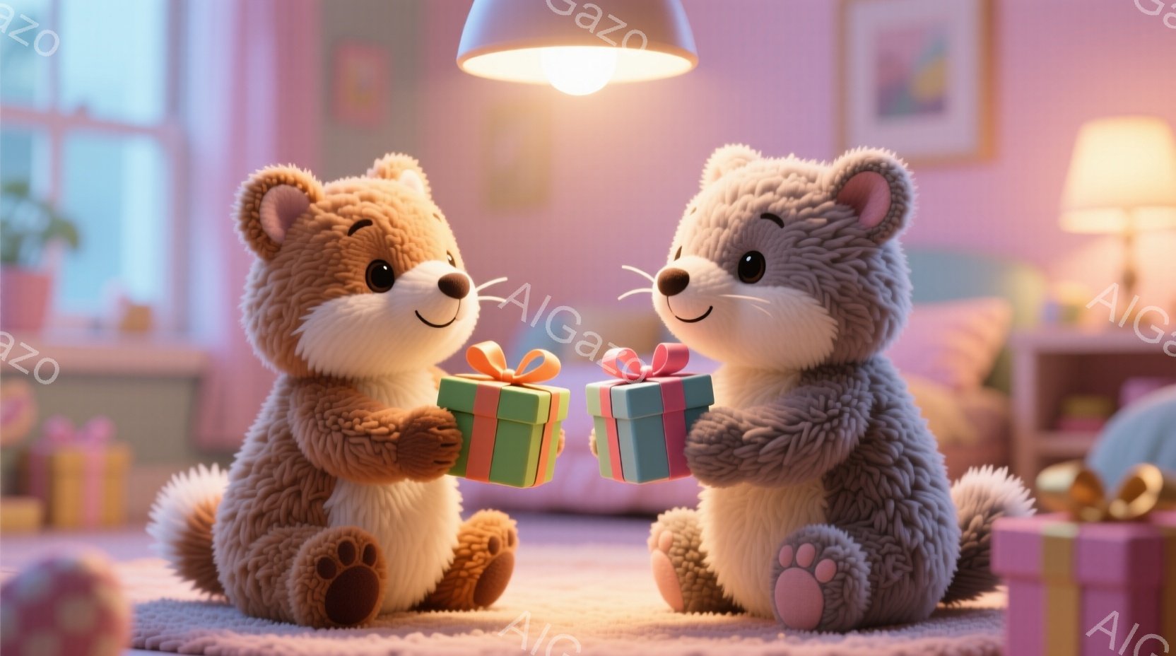 ふわふわとした茶色のクマのぬいぐるみが2匹、互いに膝を合わせて座り、それぞれ緑色のリボンで結ばれたギフトボックスを手にしています。明るい室内には、ピンクや水色の柔らかな色調が広がり、暖かく優しい雰囲気を醸し出しています。背景には、装飾品や家具が見え、全体的に穏やかで幸せな場面が描かれています。