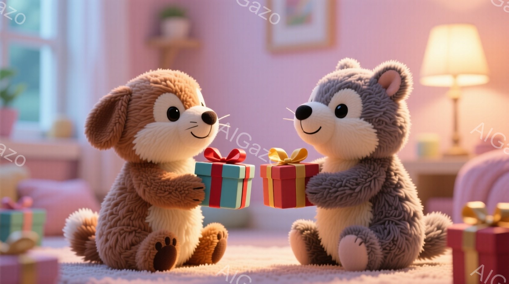 ふわふわの茶色い犬のぬいぐるみとグレーの熊のぬいぐるみが、お互いにプレゼントを渡そうとしています。室内は明るいピンクとベージュの色調で、快適な雰囲気で、背景には可愛らしい装飾や他のプレゼント箱が見えま - AI生成フリー素材