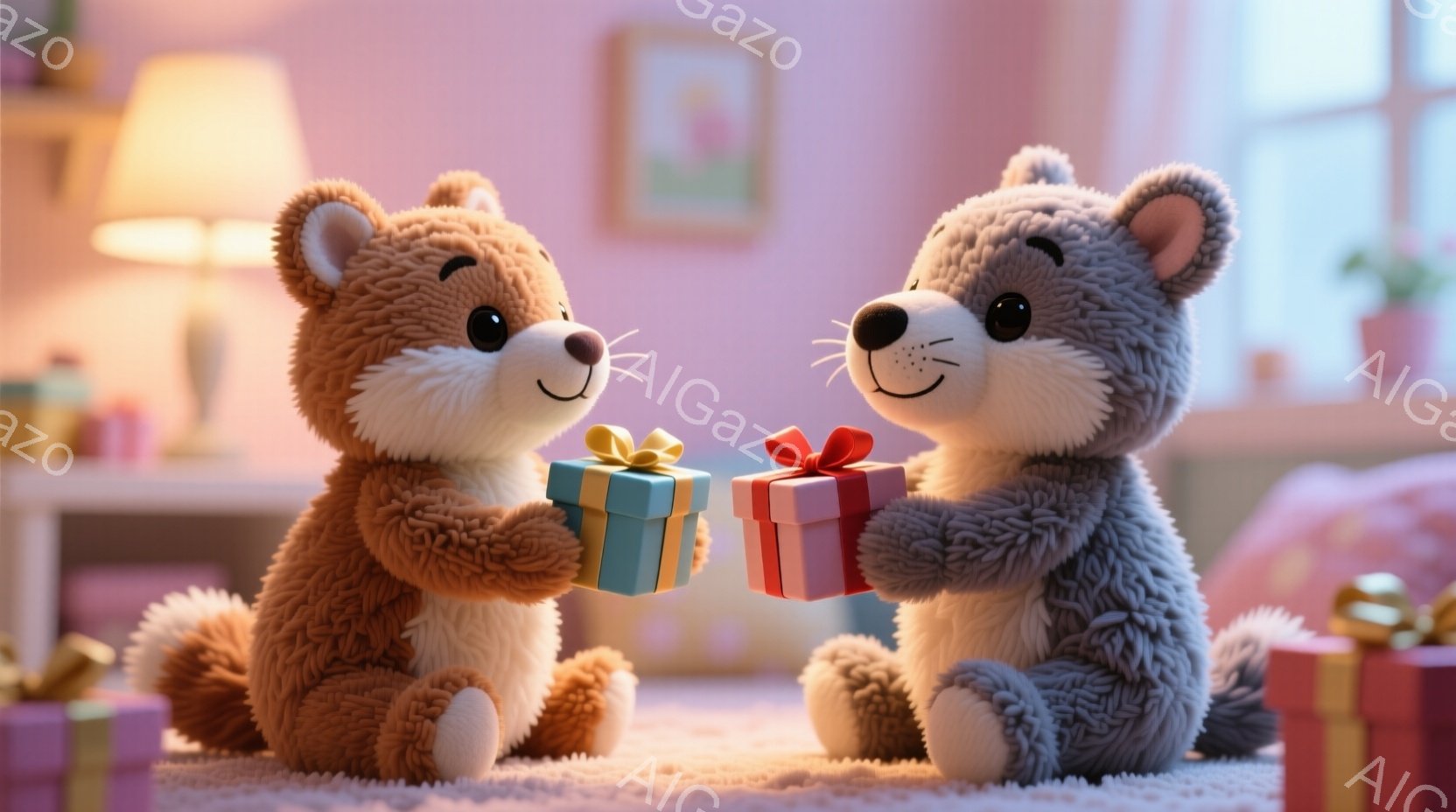 ふわふわの茶色と灰色のクマのぬいぐるみが、それぞれ青とピンクのギフトボックスを互いに差し出しています。クマたちは座って微笑んでおり、その表情は温かく、幸福感に満ちています。背景には、本棚、植物、間接照明があり、明るく心地よい室内空間を描写しています。