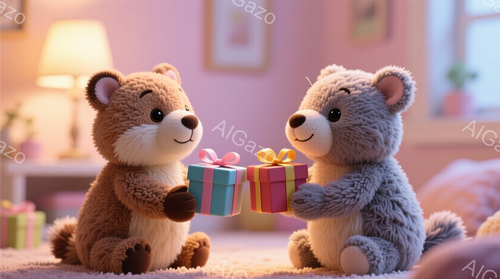ふわふわの茶色のクマのぬいぐるみが二人、お互いにプレゼントを差し出しています。プレゼントはそれぞれ水色とピンクの包装紙で飾られ、リボンがついています。背景は薄いピンク色で、暖かく優しい雰囲気の部屋の一角で、お祝いやプレゼント交換のシーンを表しているようです。