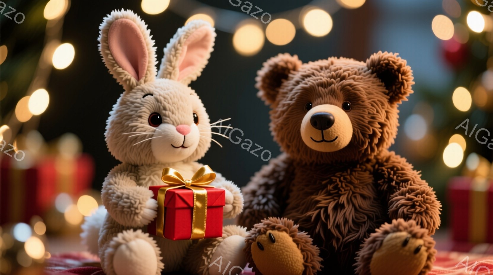 ふわふわの茶色のクマと、赤いプレゼントを持っているクリーム色のウサギのぬいぐるみです。ウサギはプレゼントを両手で抱え、クマはリラックスした様子で座っています。背景にはぼやけたクリスマスツリーの光と、赤 - AI生成フリー素材