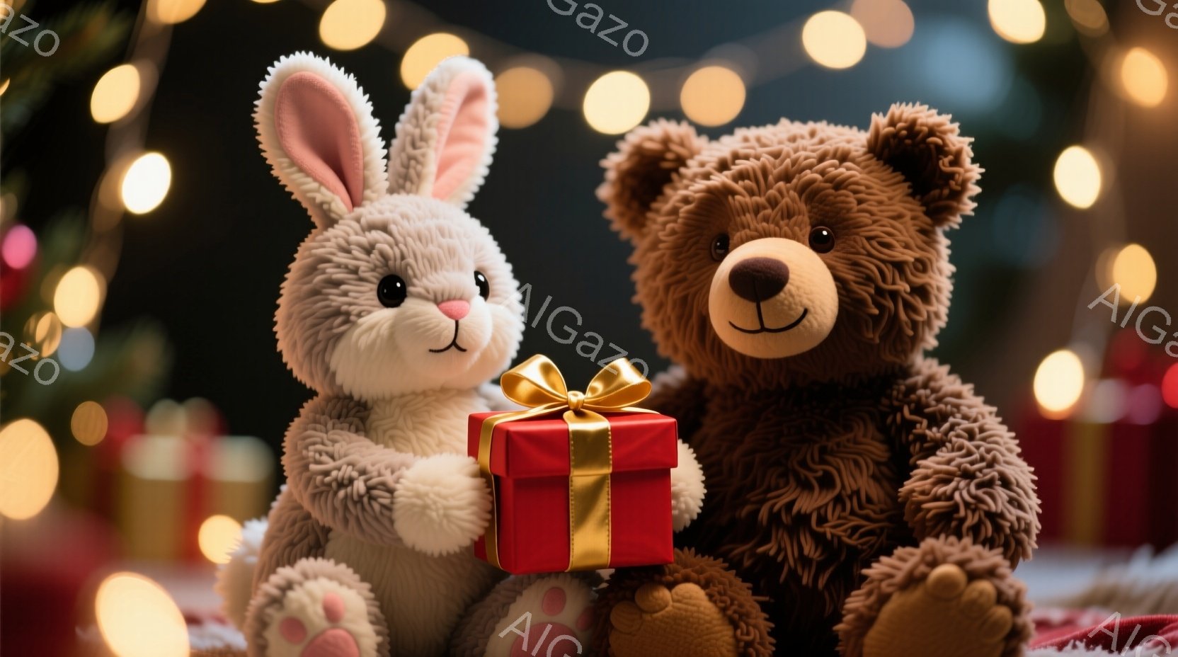 白いふわふわのウサギのぬいぐるみと、茶色のクマのぬいぐるみが寄り添って座っています。ウサギは赤いリボンで飾られた小さな赤いプレゼントを抱えています。背景にはぼやけたクリスマスツリーのライトと、他のプレゼントが見え、全体的に温かく、お祝いムードに満ちた雰囲気です。