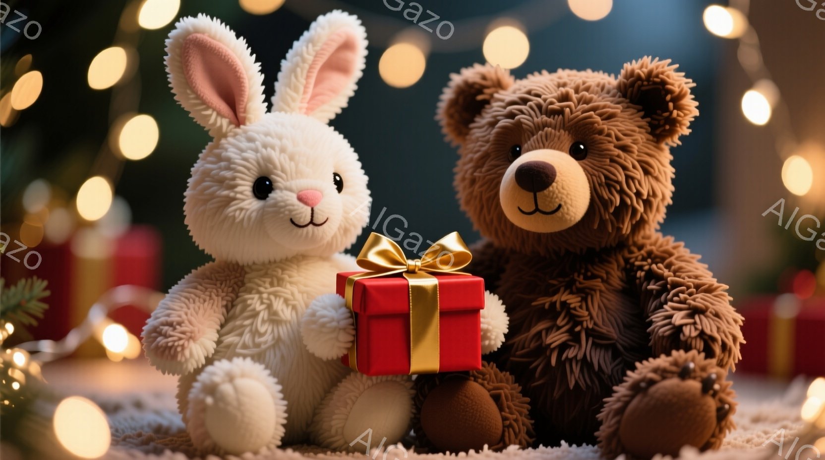 ふわふわの白いウサギのぬいぐるみと茶色のクマのぬいぐるみが寄り添っています。ウサギは赤いリボンが付いた小さな赤いギフトボックスを抱えています。背景にはぼやけたクリスマスツリーとキラキラ光るライトがあり - AI生成フリー素材