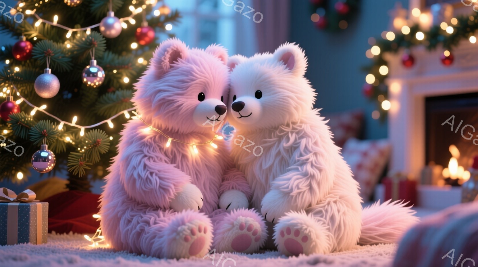 ふわふわのピンク色のクマのぬいぐるみ2匹が寄り添って座っています。背景にはクリスマスツリーが飾られ、暖炉の火が暖かく光っており、プレゼントの箱も置かれています。全体的に温かく、幸せなクリスマスの雰囲気 - AI生成フリー素材
