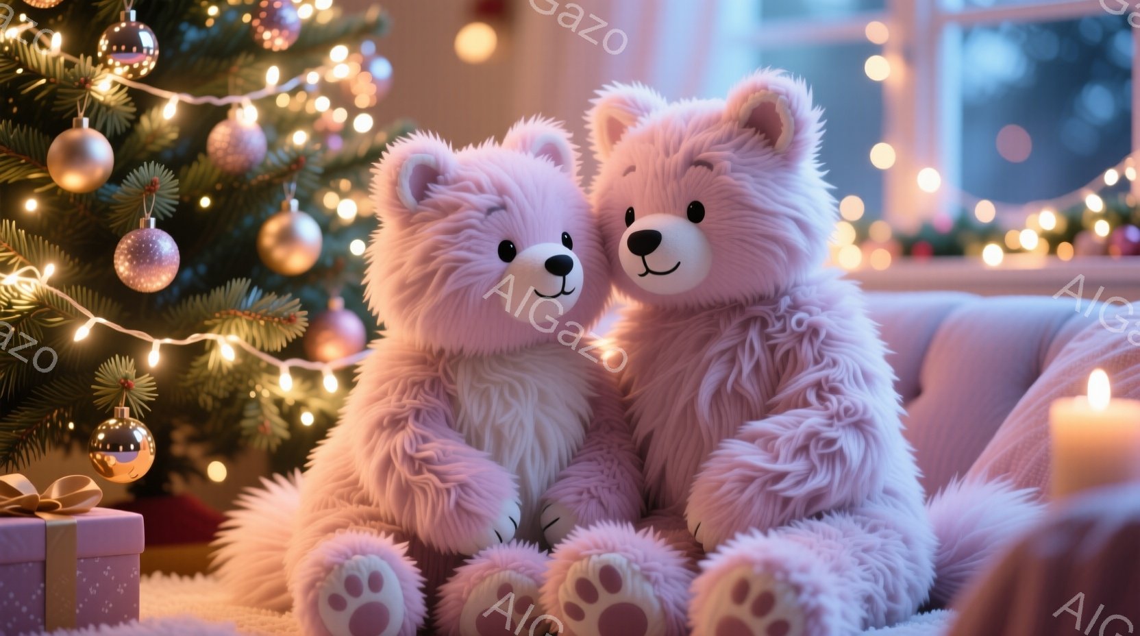 ふわふわのピンク色のテディベアが2匹、ソファーに寄り添って座っています。背景には、オーナメントが飾られたクリスマスツリーと、ぼんやりと光るキャンドルがあり、温かく居心地の良い雰囲気が漂っています。ピンク色の足裏が可愛らしく、クリスマスのギフトボックスも視認できます。
