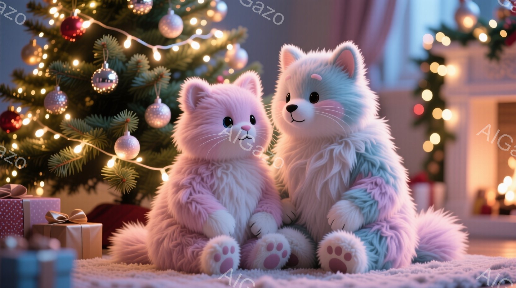 ピンクと水色の毛並みが美しい2匹の猫が、クリスマスツリーの前に寄り添って座っています。猫たちは丸い目で優しく微笑み、ふわふわとした毛並みとピンク色の肉球が可愛らしいです。背景には、飾り付けられたクリスマスツリーやプレゼント、暖炉の光が暖かく、全体的に温かく幸せな雰囲気が漂っています。