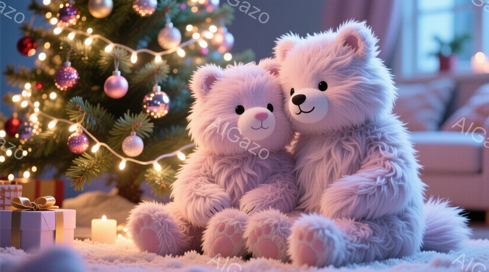 ふわふわのピンク色のテディベアのペアが寄り添って座っており、足にはピンク色の肉球がついています。背景には、クリスマスツリーが飾られ、暖かく優しい光が灯っており、プレゼントやキャンドルが配置されています - AI生成フリー素材