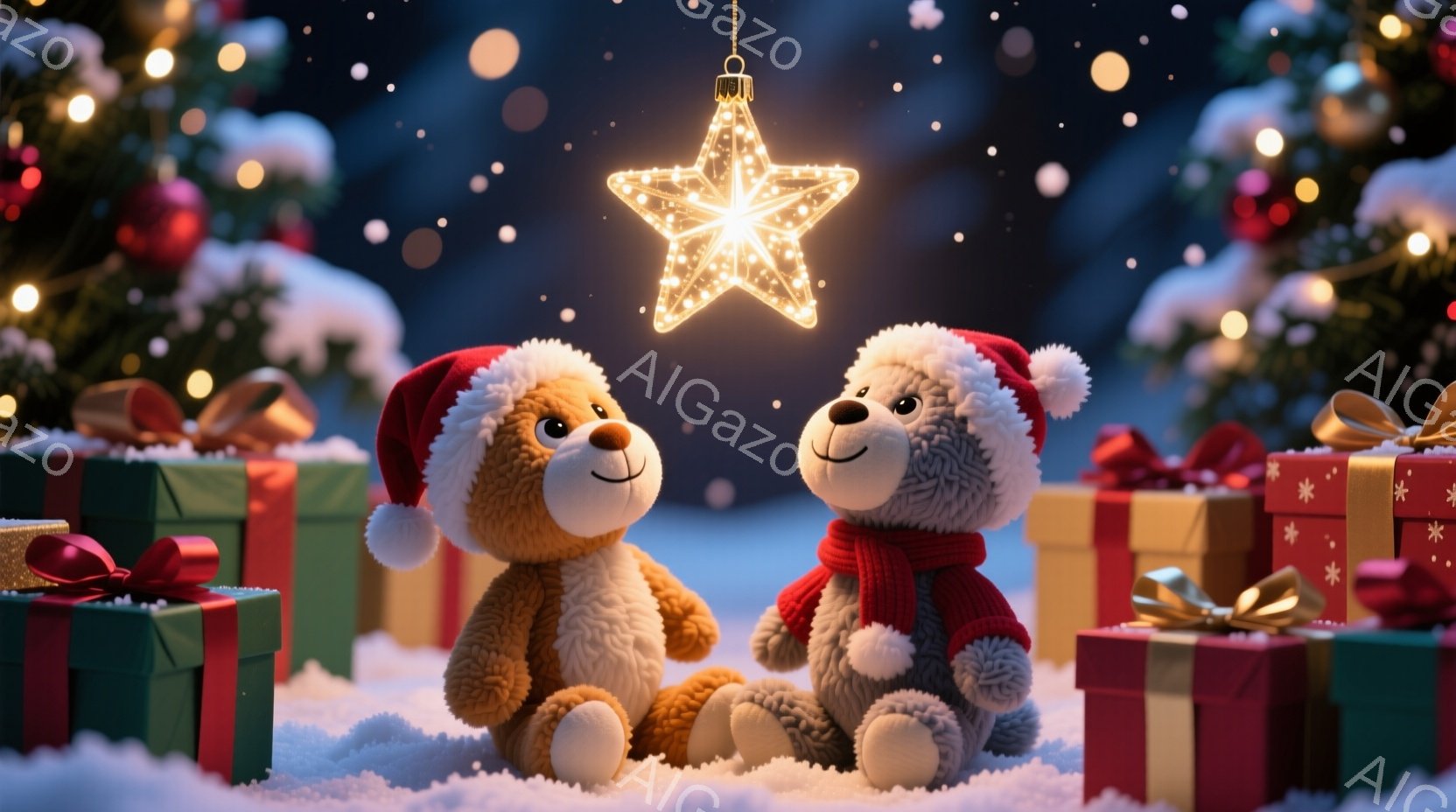 ふわふわのテディベアが2匹、雪の上に座って寄り添っています。どちらのクマも赤いサンタ帽と、茶色と赤の首巻きを身につけており、顔は笑顔で満ちています。背景には、クリスマスツリー、プレゼントボックス、そして空にはキラキラと輝く雪が舞い、温かく幻想的なクリスマスの雰囲気が漂っています。