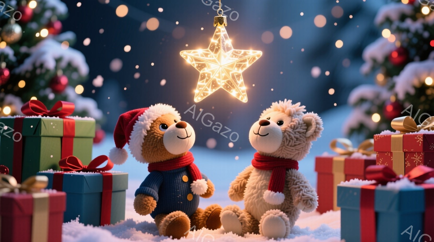 ふわふわの茶色のテディベアが2匹、クリスマスプレゼントに囲まれて座っています。片方のベアは赤いサンタ帽と青いセーターを着て、もう片方は赤いマフラーを巻いています。背景には雪が舞い、緑のクリスマスツリー - AI生成フリー素材