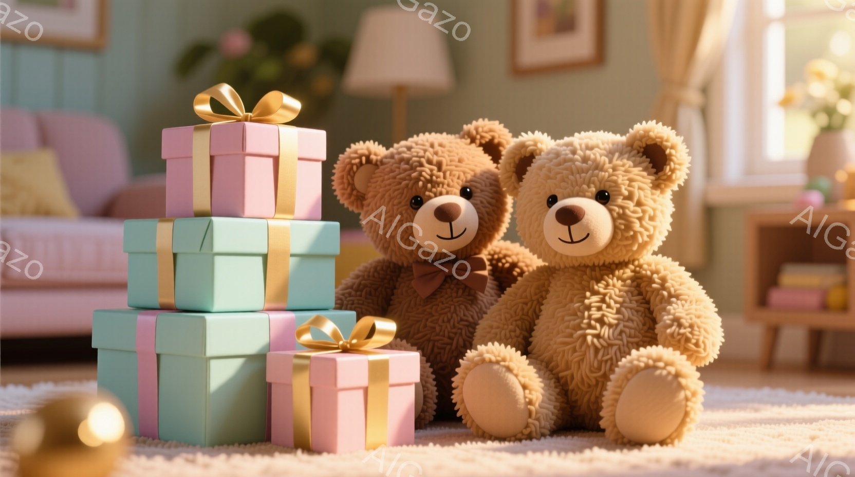 ふわふわの茶色のテディベアが2匹、ピンクと水色のプレゼントの山を背景に座っています。ベアはそれぞれ茶色のリボンを結び、穏やかで幸せそうな表情をしています。背景には、窓からの優しい光が差し込み、暖炉と本棚が見える居心地の良いリビングルームがあり、全体的に温かく、お祝いのような雰囲気です。