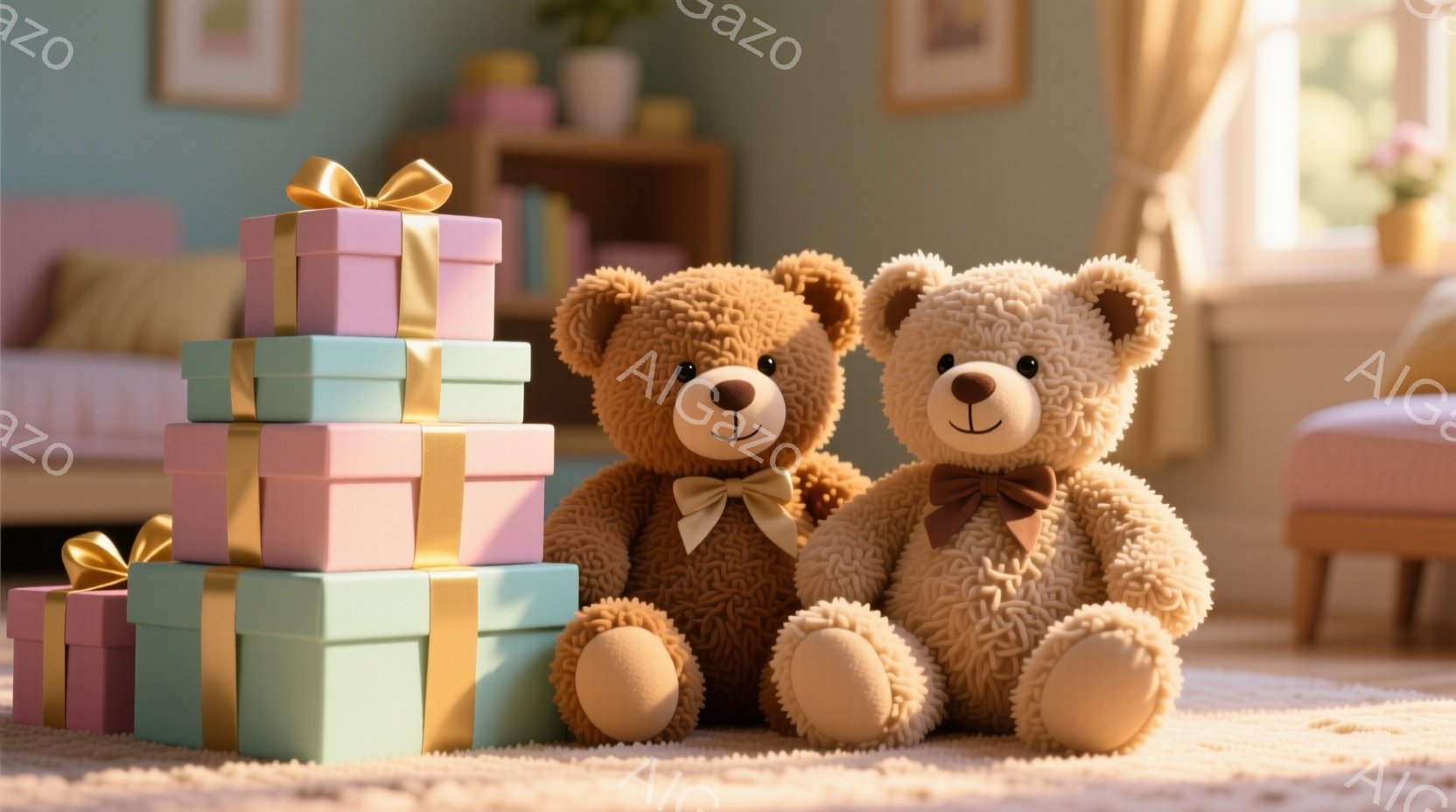 ２匹のテディベアが、ピンク、水色、薄緑色のプレゼントの山を背景に座っています。それぞれのベアは茶色でふわふわとした毛並みで、赤いリボンで結ばれています。背景には、植物や絵画が飾られた暖かい色のリビングルームが見え、全体的に穏やかで優しい雰囲気です。