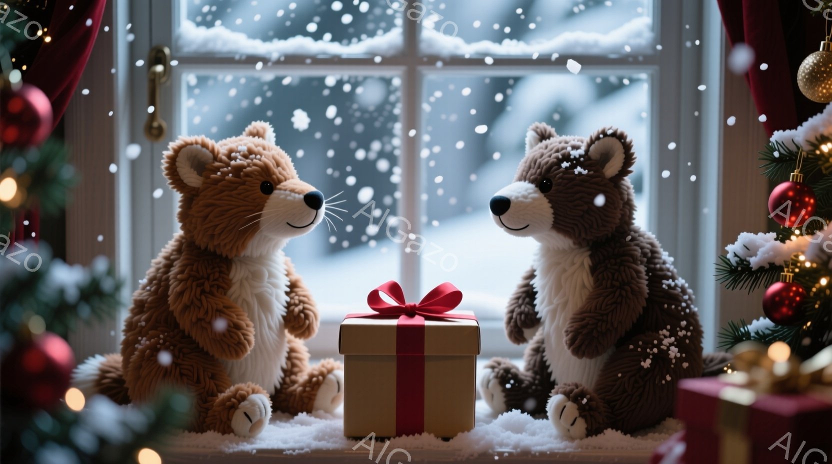 窓辺に、毛並みの良い茶色のテディベアが2匹並んで座っており、中央には赤いリボンで結ばれたプレゼントボックスが置かれています。背景には、雪が降り積もる冬の風景と、クリスマスツリーの飾りが見え、暖かく穏や - AI生成フリー素材