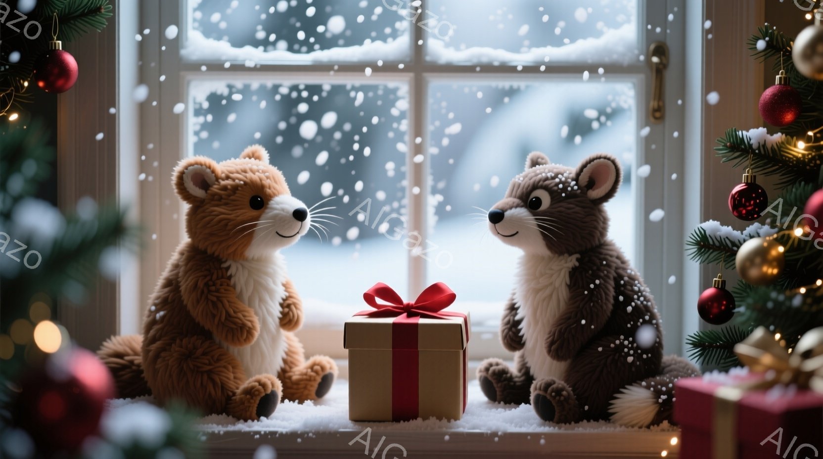 ふわふわの茶色のモモンガが2匹、赤いリボンで結ばれたプレゼントの箱を挟んで座っています。背景には雪景色が見える窓と、赤いオーナメントで飾られたクリスマスツリーがあり、温かく穏やかなクリスマスの雰囲気が - AI生成フリー素材