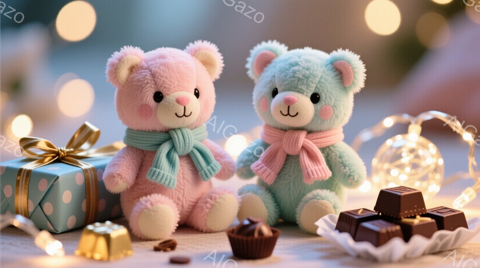 薄いピンクと水色の可愛らしいテディベアが寄り添って座っています。それぞれ首に淡い色のスカーフを巻き、愛らしい表情をしています。背景には、キラキラと輝くイルミネーションとチョコレートが散りばめられており、甘くてロマンチックな雰囲気を醸し出しています。
