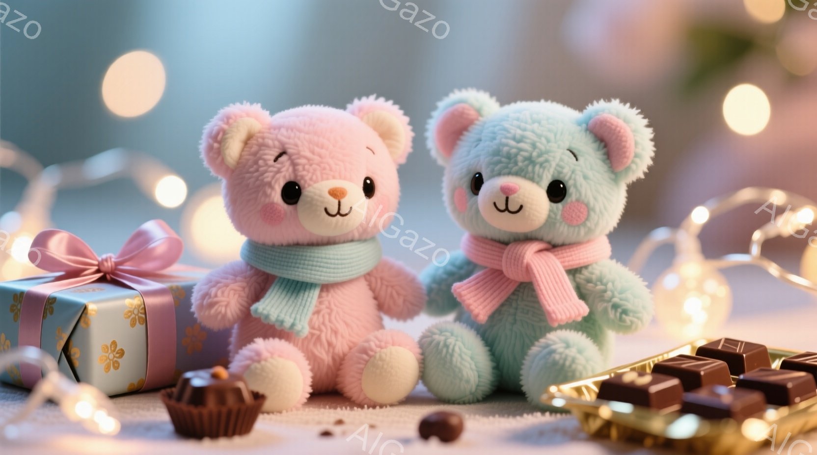 ふわふわのピンクと水色のテディベアが寄り添って座っており、それぞれ首にカラフルなスカーフを巻いています。ベアの隣には、リボンで飾られたギフトボックスと、チョコレートが並べられており、背景にはぼやけた光が輝いています。全体的に、暖かく、お祝いの雰囲気で、甘くて幸せな瞬間を捉えています。