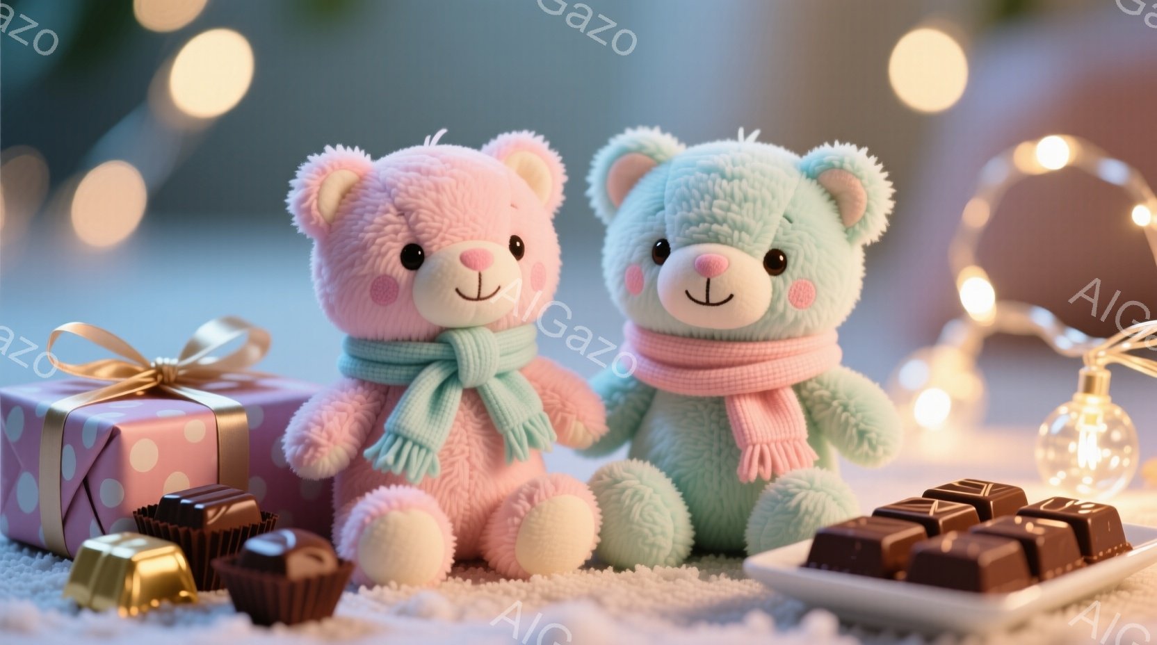 ふわふわのピンクと水色のテディベアが寄り添って座っています。それぞれのベアは首に淡い色のスカーフを巻いており、丸い目に小さな鼻、そして穏やかな笑顔が特徴です。背景には、プレゼントボックス、チョコレート、そしてぼやけた光のぼんやりとした輪郭があり、全体的に温かく甘い雰囲気を醸し出しています。