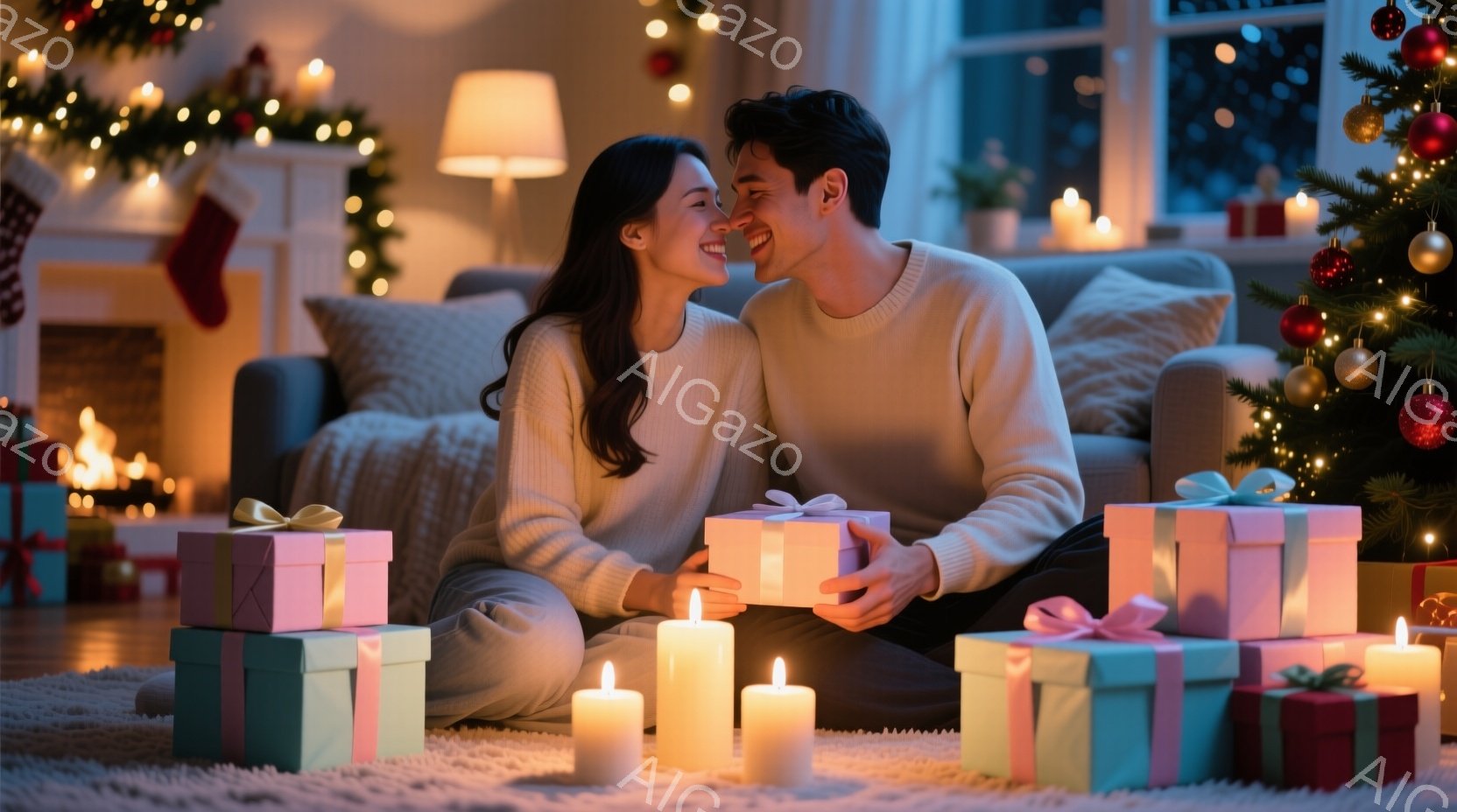 暖炉のそばで、若いカップルがプレゼントを抱え合い、微笑んでいます。女性は長い黒髪で、白いセーターを着ています。背景にはクリスマスツリーやキャンドルが灯り、温かく幸せな雰囲気が漂っています。 - AI生成フリー素材