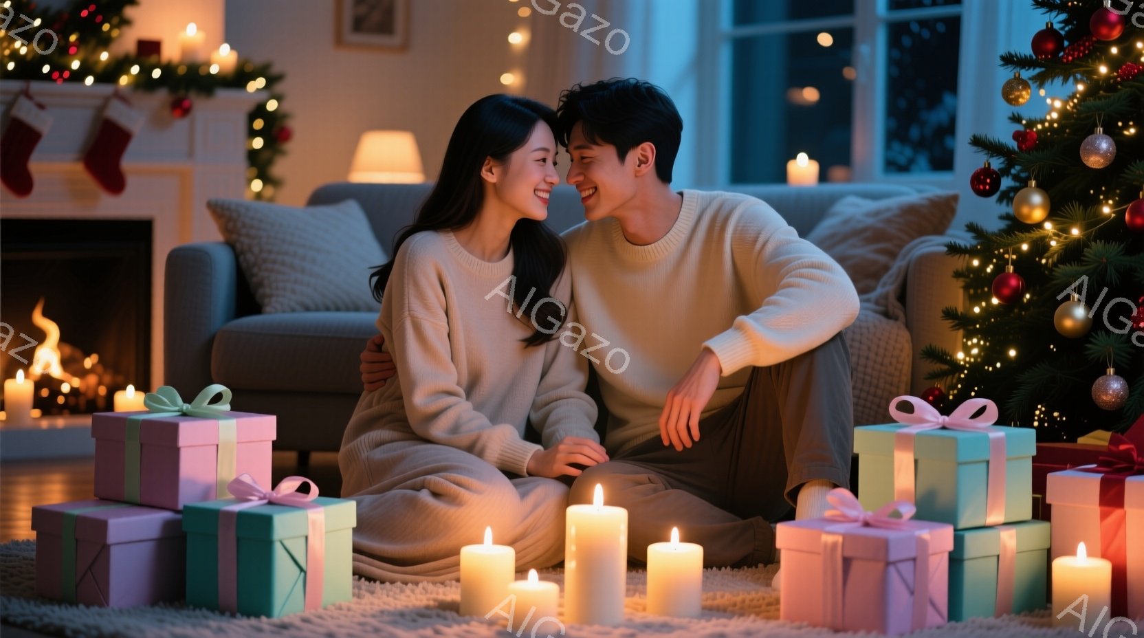 若いカップルが暖炉の前でプレゼントに囲まれて座っています。女性は長い黒髪で、柔らかい笑顔を浮かべ、男性は短髪で、優しく微笑んでいます。背景にはクリスマスツリーが飾られ、暖炉の火とたくさんのキャンドルが - AI生成フリー素材