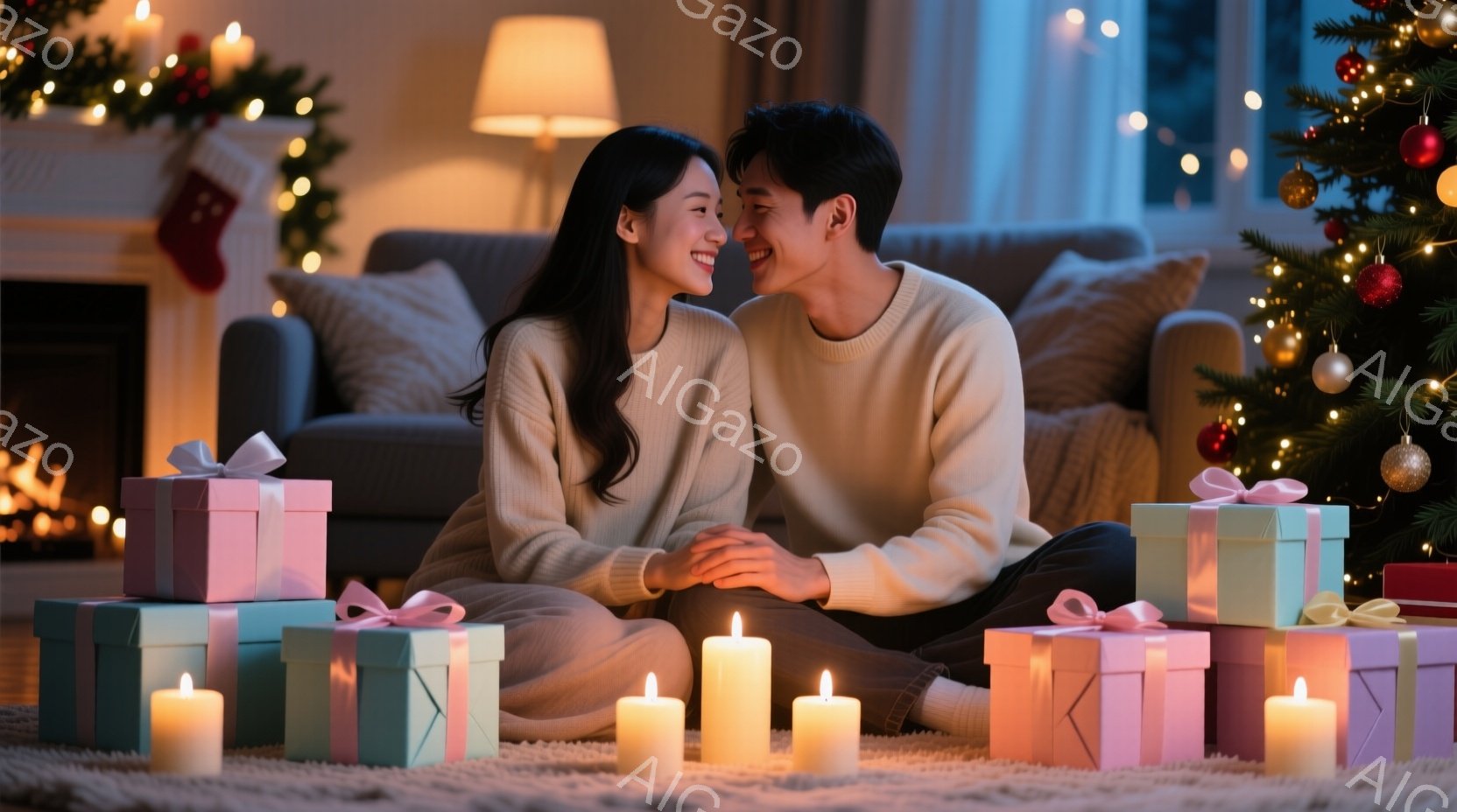 暖炉のあるリビングで、若い男女がプレゼントに囲まれて微笑み合っています。女性は長い髪を後ろに流し、ベージュのセーターを着ています。男性は短い髪で、白いセーターを着ており、女性の手を握り、互いに顔を見合 - AI生成フリー素材