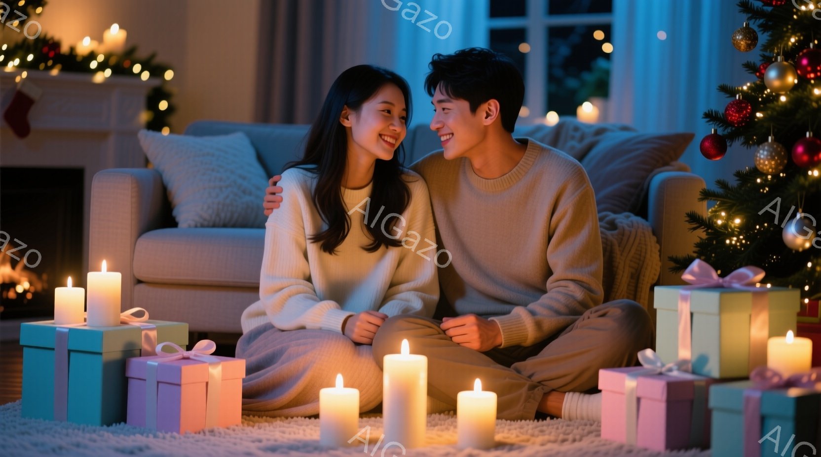 暖炉のある居間に、若い男女が寄り添って座っている。二人は白いセーターを着ており、笑顔を浮かべている。背景にはクリスマスツリーが飾られ、足元にはプレゼントとキャンドルが並び、温かくロマンチックな雰囲気を - AI生成フリー素材