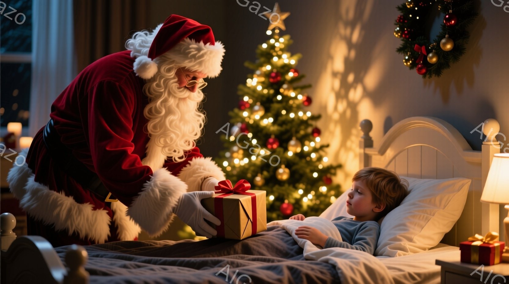 サンタクロースは赤い衣装と白いひげを蓄え、子供のベッドのそばでプレゼントを差し出しています。子供は毛布に包まれ、眠っているように見えます。背景には、オーナメントで飾られたクリスマスツリーと、温かい光が - AI生成フリー素材