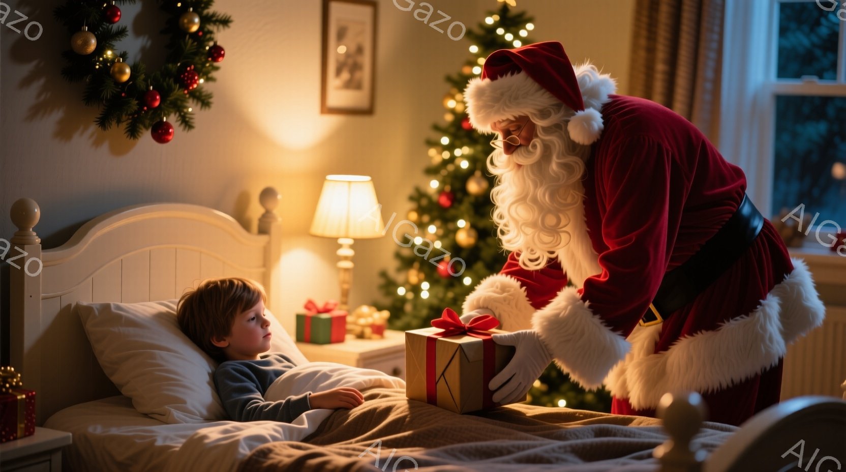 少年がベッドで眠っている横で、サンタクロースがプレゼントを置こうとしている場面です。サンタクロースは赤いベルベットの衣装を身につけ、白いあごひげと髪を長く伸ばしています。背景にはクリスマスツリーが飾られ、暖かく穏やかなクリスマスの雰囲気が漂っています。