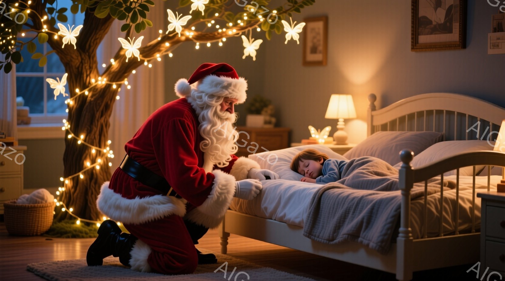 サンタクロースは、赤い衣装と白い髭を蓄えた姿で、子供が眠っているベッドのそばに膝をついています。彼は優しく微笑みながら、子供の手を握っているようです。背景には、装飾された部屋と、電飾で飾られた木があり、暖かく幻想的な雰囲気を醸し出しています。